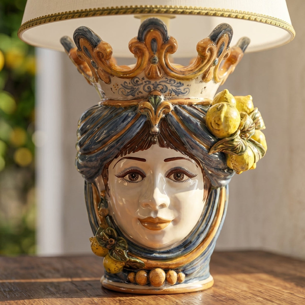 Head-shaped lamp with lemons, woman, blue and orange. Sicilian ceramics from Caltagirone, Sofia