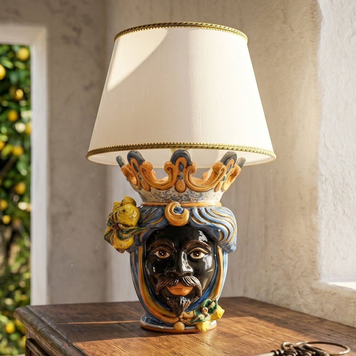Head lamp with Lemons, Moor male, blue and orange. Sicilian ceramics from Caltagirone, Sofia