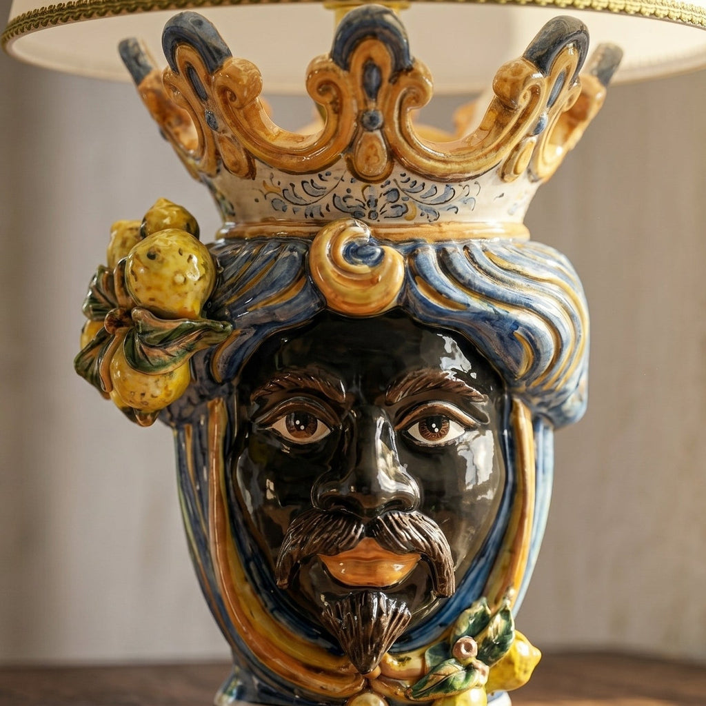 Head lamp with Lemons, Moor male, blue and orange. Sicilian ceramics from Caltagirone, Sofia