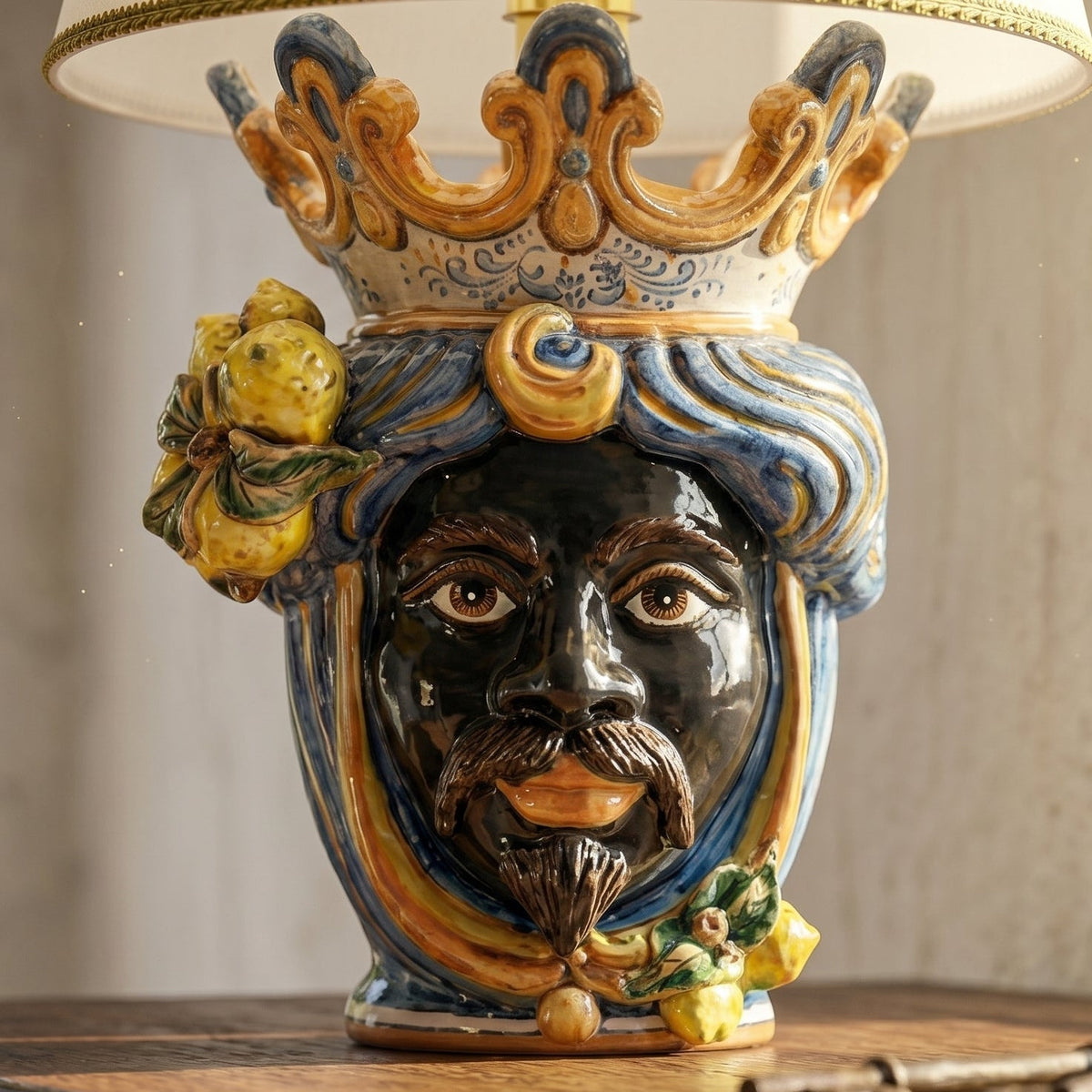 Head lamp with Lemons, Moor male, blue and orange. Sicilian ceramics from Caltagirone, Sofia