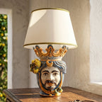 Kopf-Lampe mit Zitronen, weißer Mann, Blau und Orange. Ceramiche Sofia, Caltagirone