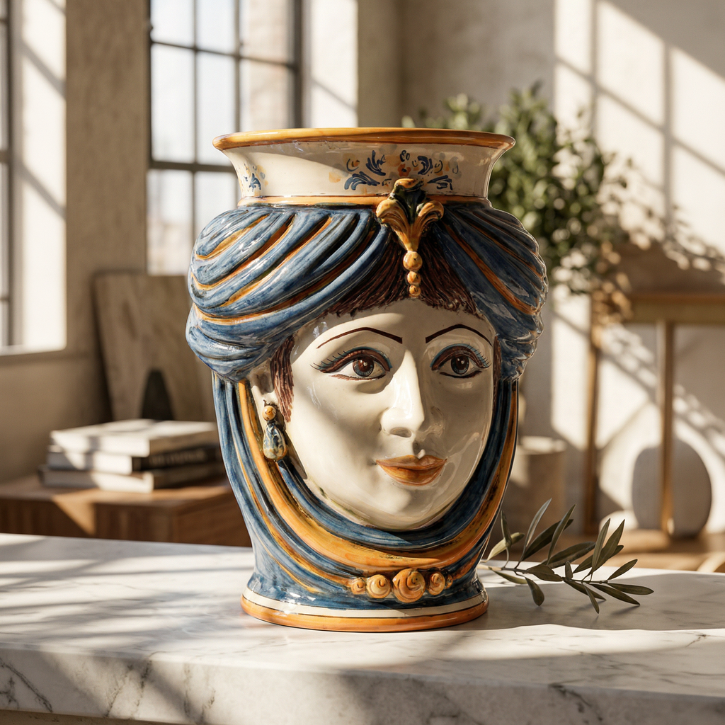 Testa di Moro with Crown, Woman, blue and orange, face. Sicilian ceramics from Caltagirone, Sofia