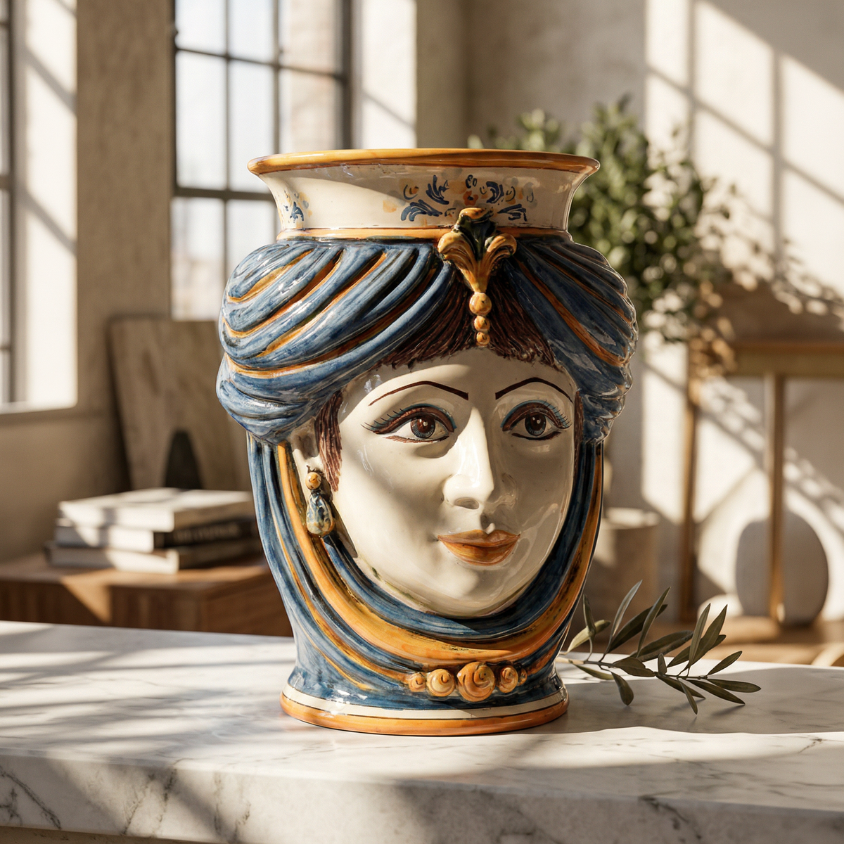 Testa di Moro with Crown, Woman, blue and orange, face. Sicilian ceramics from Caltagirone, Sofia