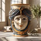 Testa di Moro with Crown, Woman, blue and orange, face. Sicilian ceramics from Caltagirone, Sofia
