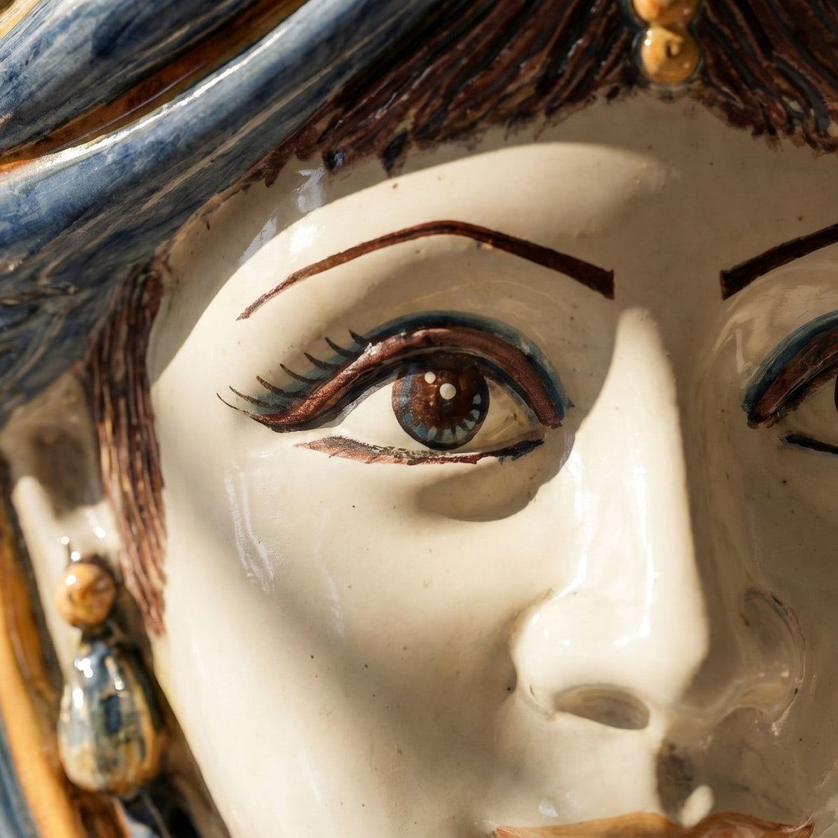 Testa di Moro with Crown, Woman, blue and orange, face. Sicilian ceramics from Caltagirone, Sofia