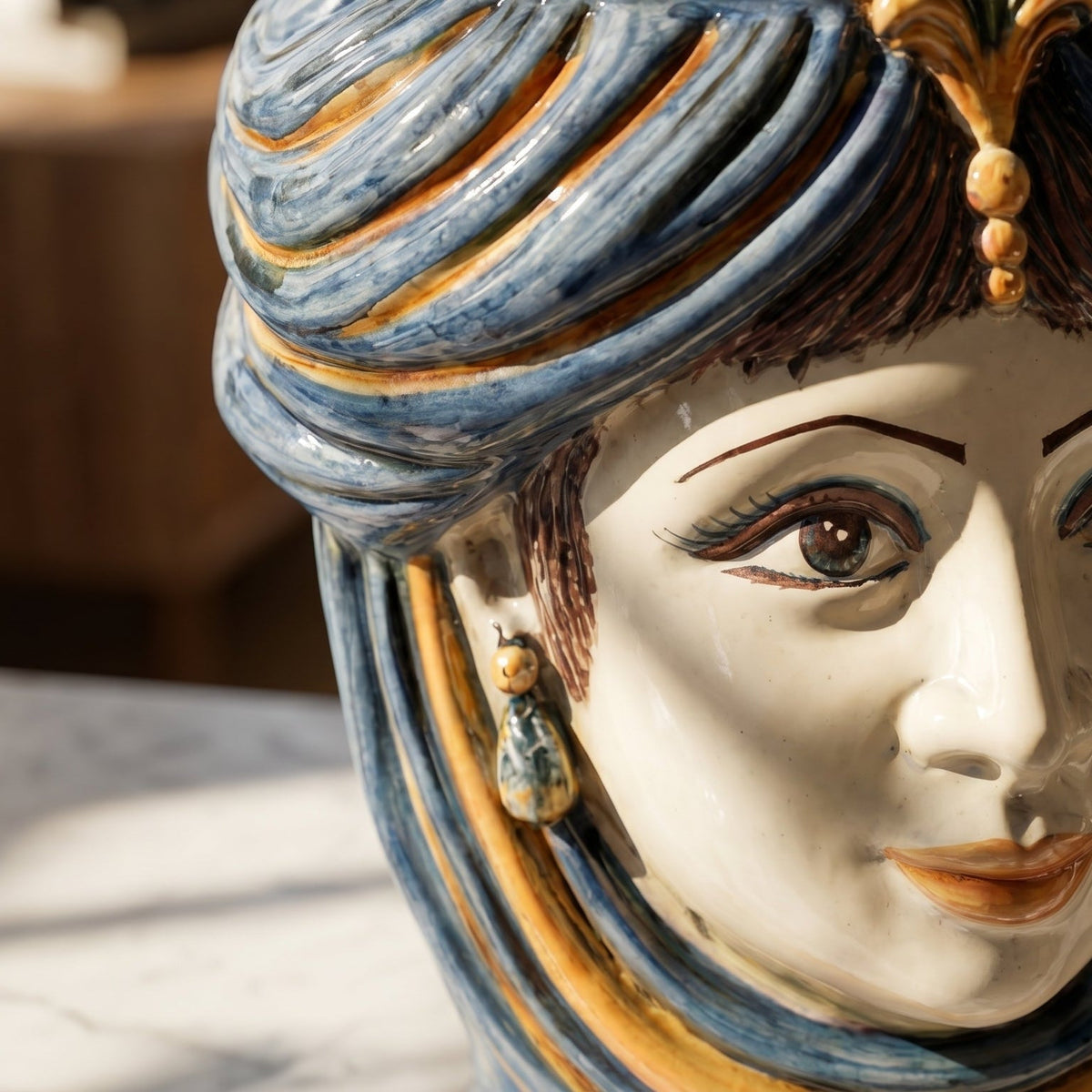 Testa di Moro with Crown, Woman, blue and orange, face. Sicilian ceramics from Caltagirone, Sofia