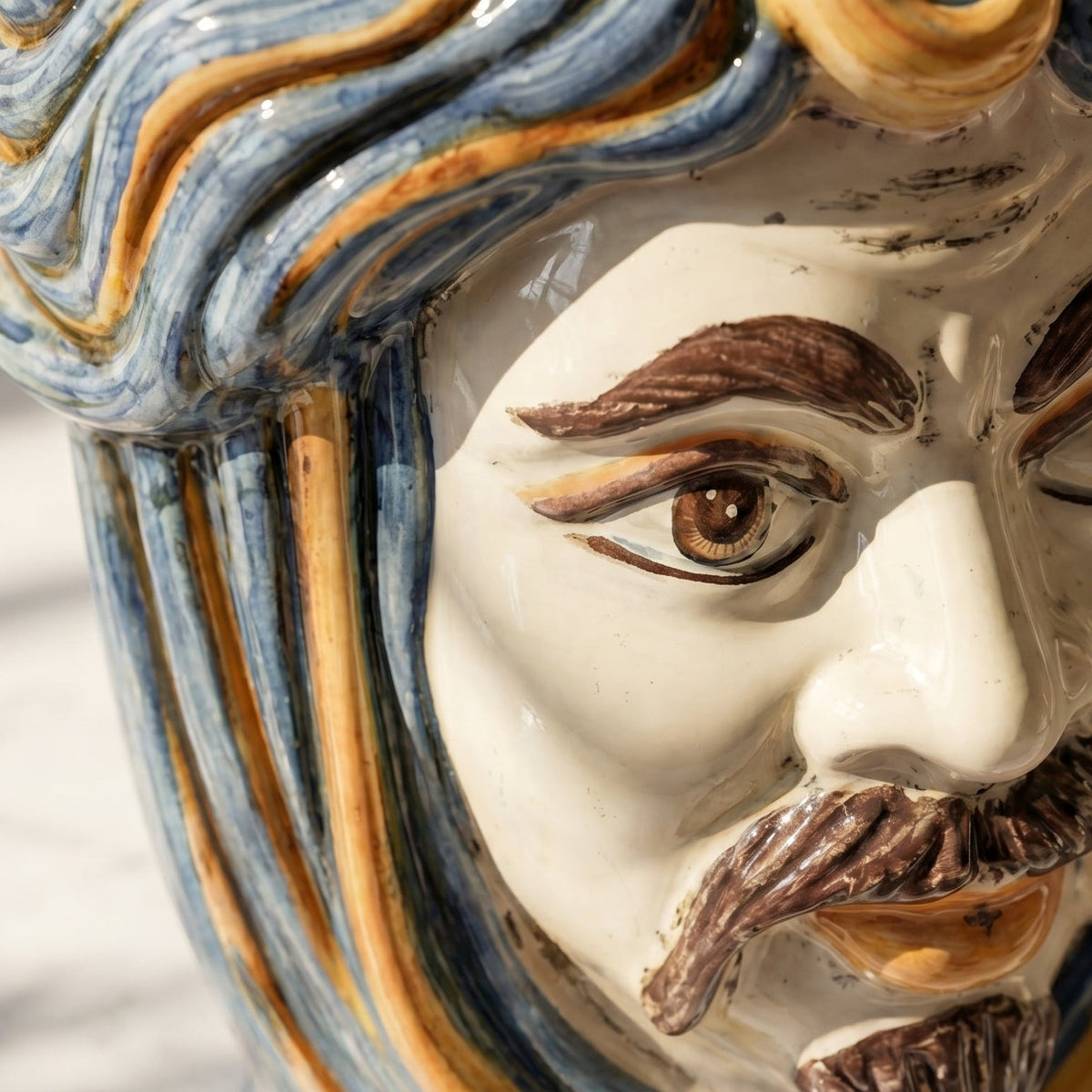 Testa di Moro with Crown, White Male, Blue and Orange, face. Sicilian ceramics from Caltagirone, Sofia