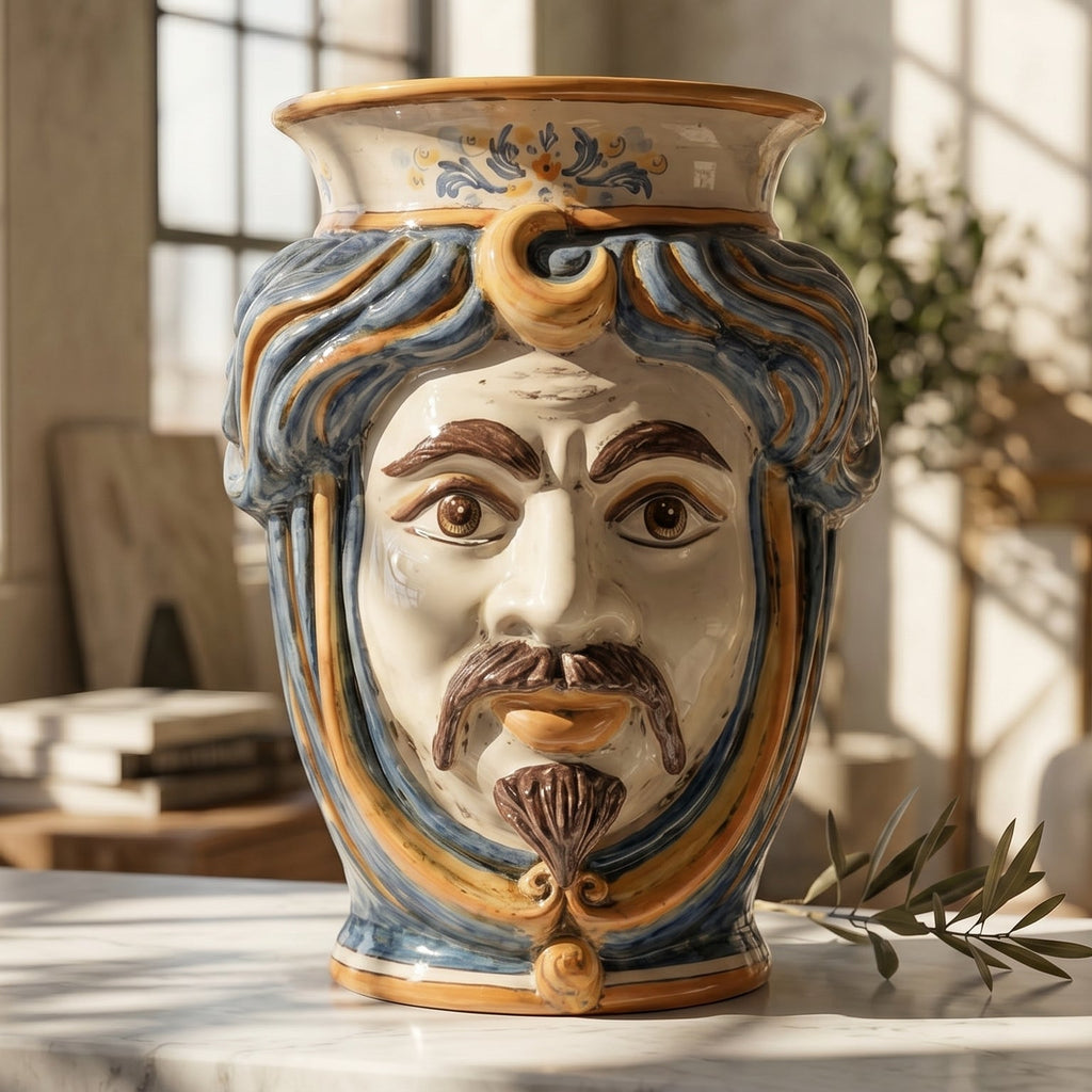 Testa di Moro mit Krone, weißer Mann, Blau und Orange, Gesicht. Sizilianische Keramik aus Caltagirone, Sofia