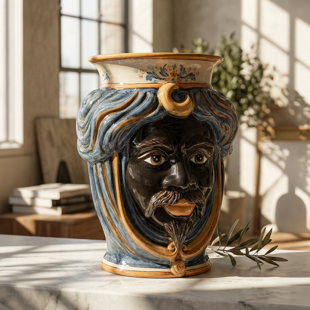 Testa di Moro con Corona, Maschio Moro, Blu e Arancio, volto. Ceramiche Sofia, Caltagirone