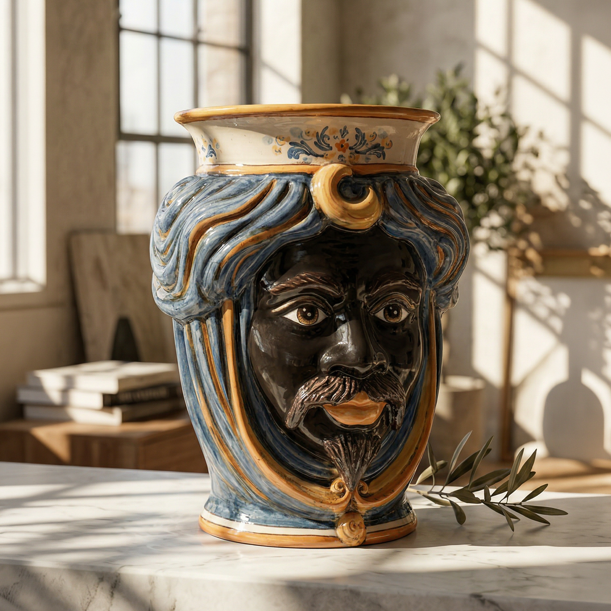 Testa di Moro with crown, Moor male, blue and orange, face. Ceramiche Sofia, Caltagirone