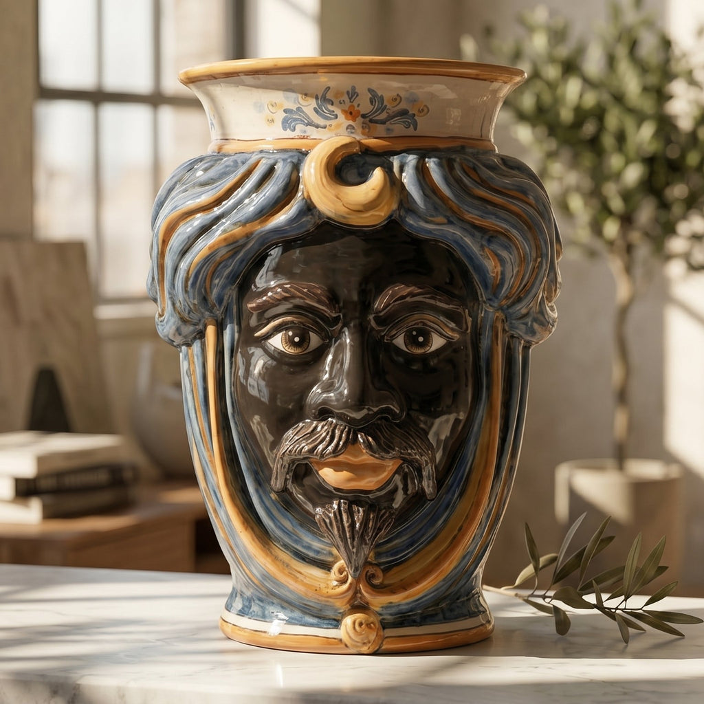 Testa di Moro con Corona, Maschio Moro, Blu e Arancio, volto. Ceramiche Sofia, Caltagirone