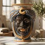Testa di Moro con Corona, Maschio Moro, Blu e Arancio, volto. Ceramiche Sofia, Caltagirone