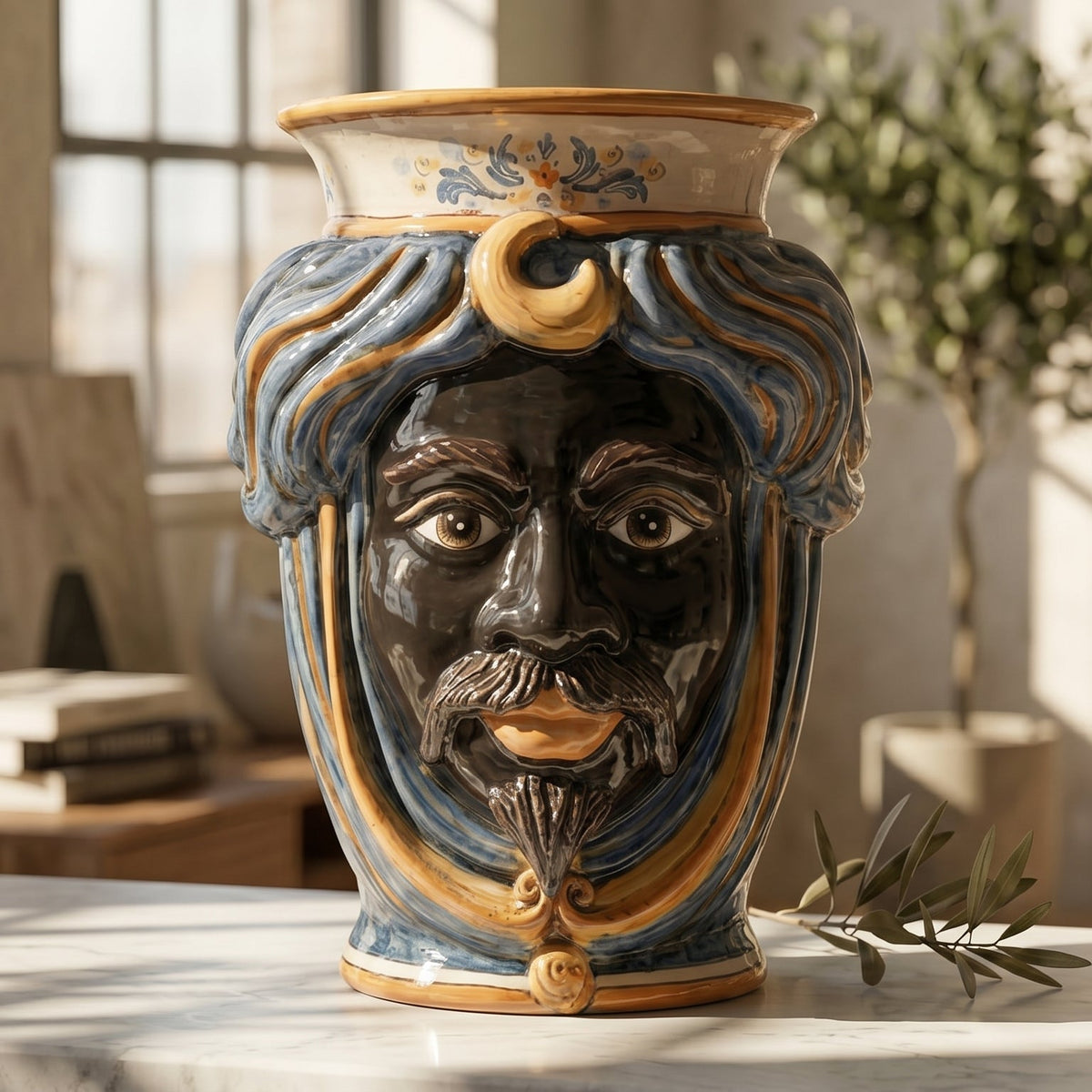 Testa di Moro con Corona, Maschio Moro, Blu e Arancio, volto. Ceramiche Sofia, Caltagirone