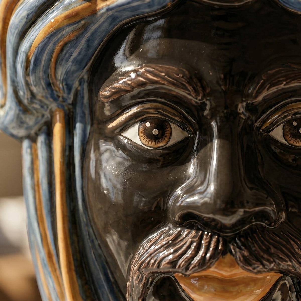 Testa di Moro with crown, Moor male, blue and orange, face. Ceramiche Sofia, Caltagirone