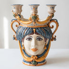 Testa di Moro Candeliere, Frau, Blau und Orange. Sizilianische Keramik aus Caltagirone, Sofia