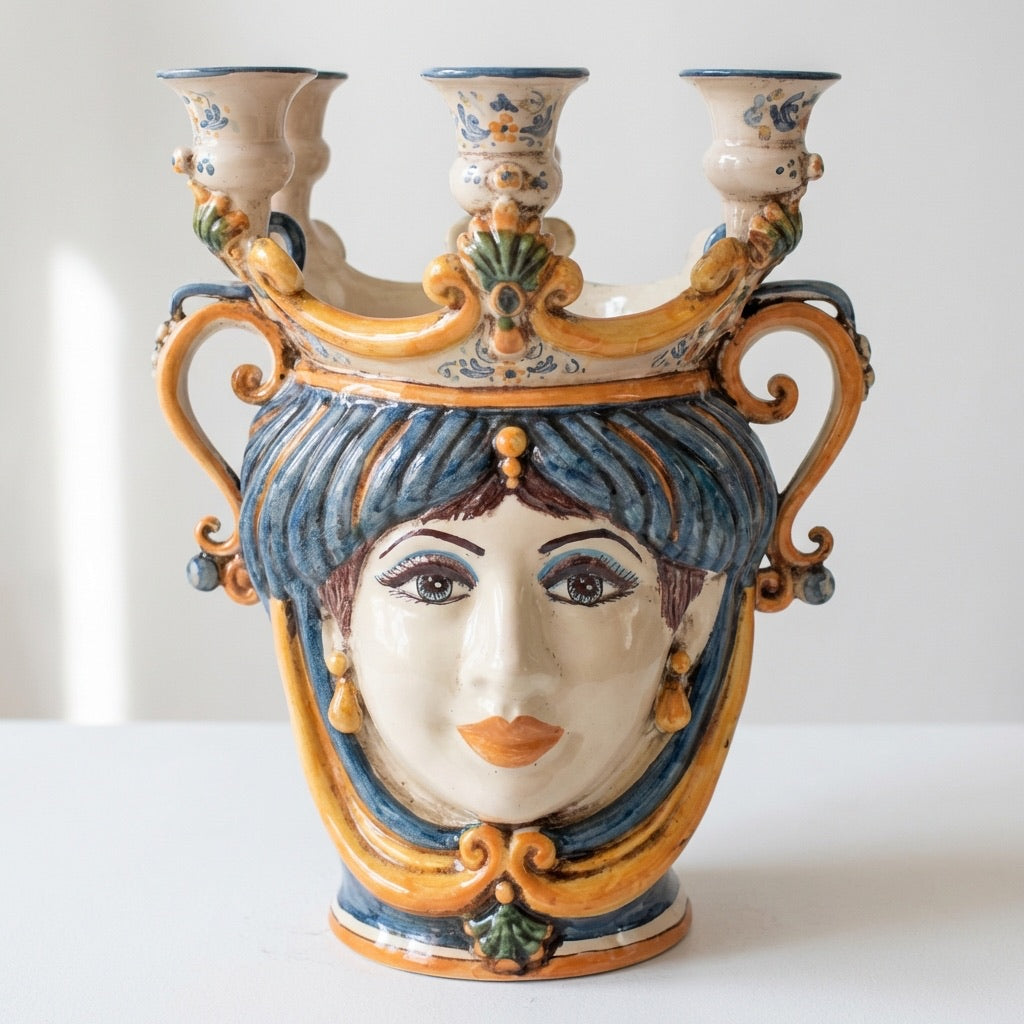 Testa di Moro Candeliere, woman, blue and orange. Sicilian ceramics from Caltagirone, Sofia