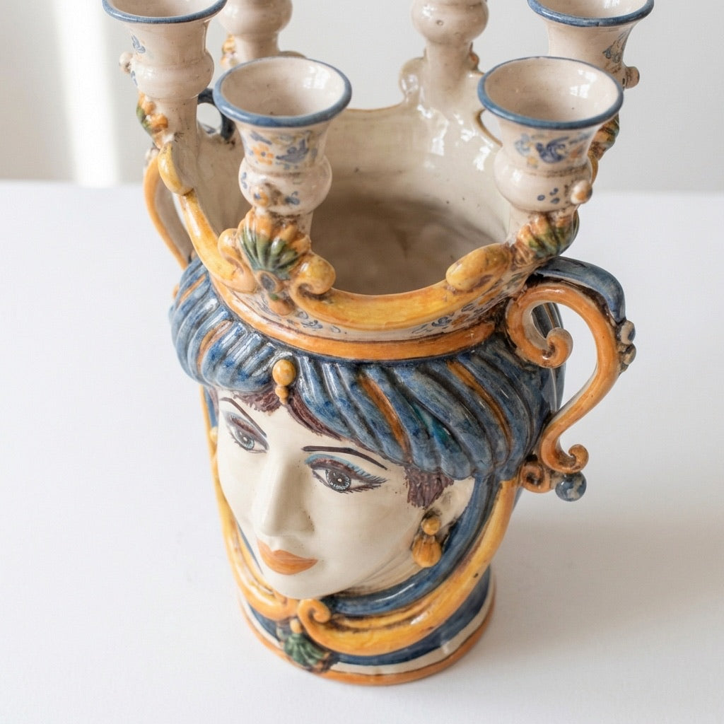 Testa di Moro Candeliere, woman, blue and orange. Sicilian ceramics from Caltagirone, Sofia