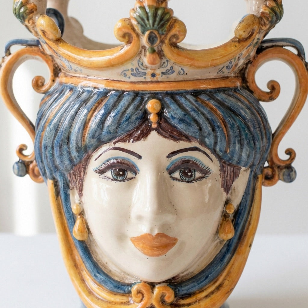 Testa di Moro Candeliere, Frau, Blau und Orange. Sizilianische Keramik aus Caltagirone, Sofia