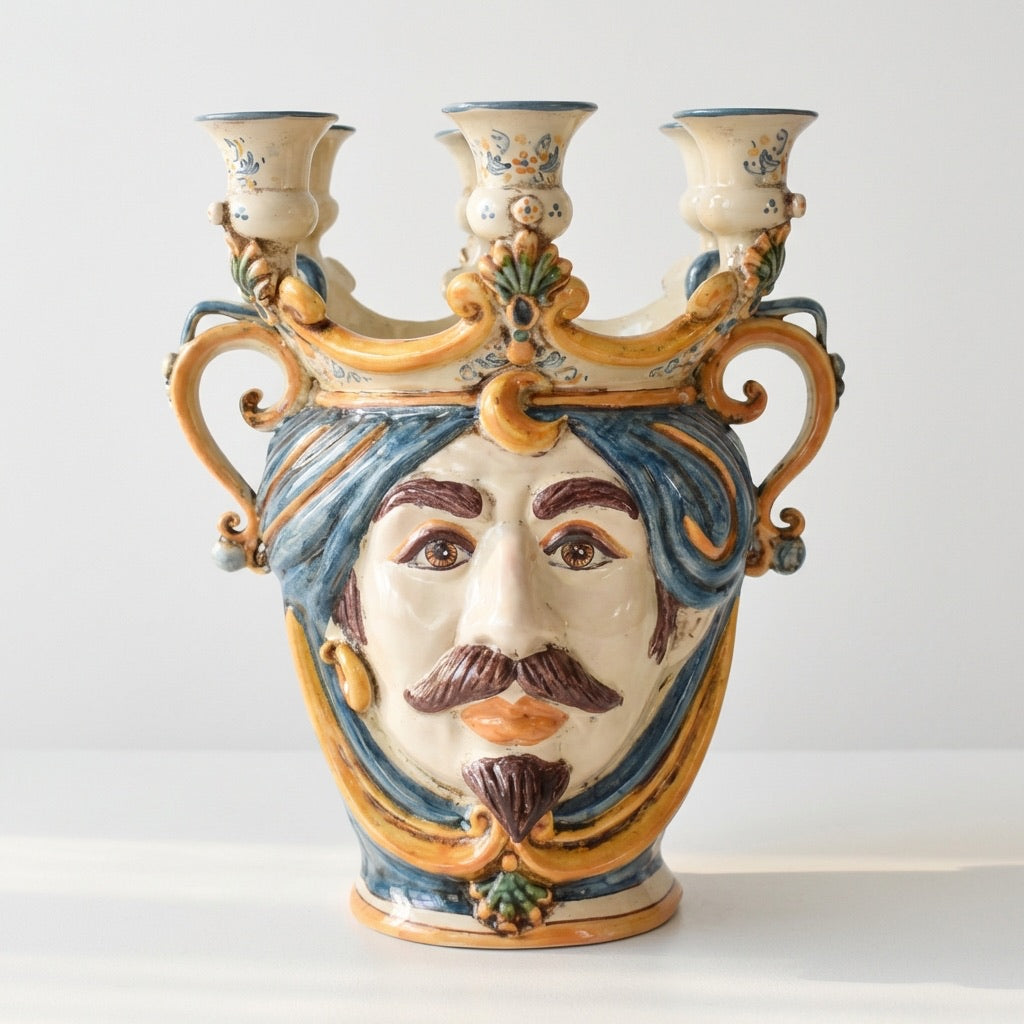 Testa di Moro Candeliere, White Male, Blue and Orange. Ceramiche Sofia, Caltagirone