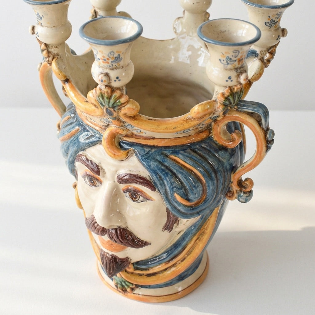 Testa di Moro Candeliere, White Male, Blue and Orange. Ceramiche Sofia, Caltagirone