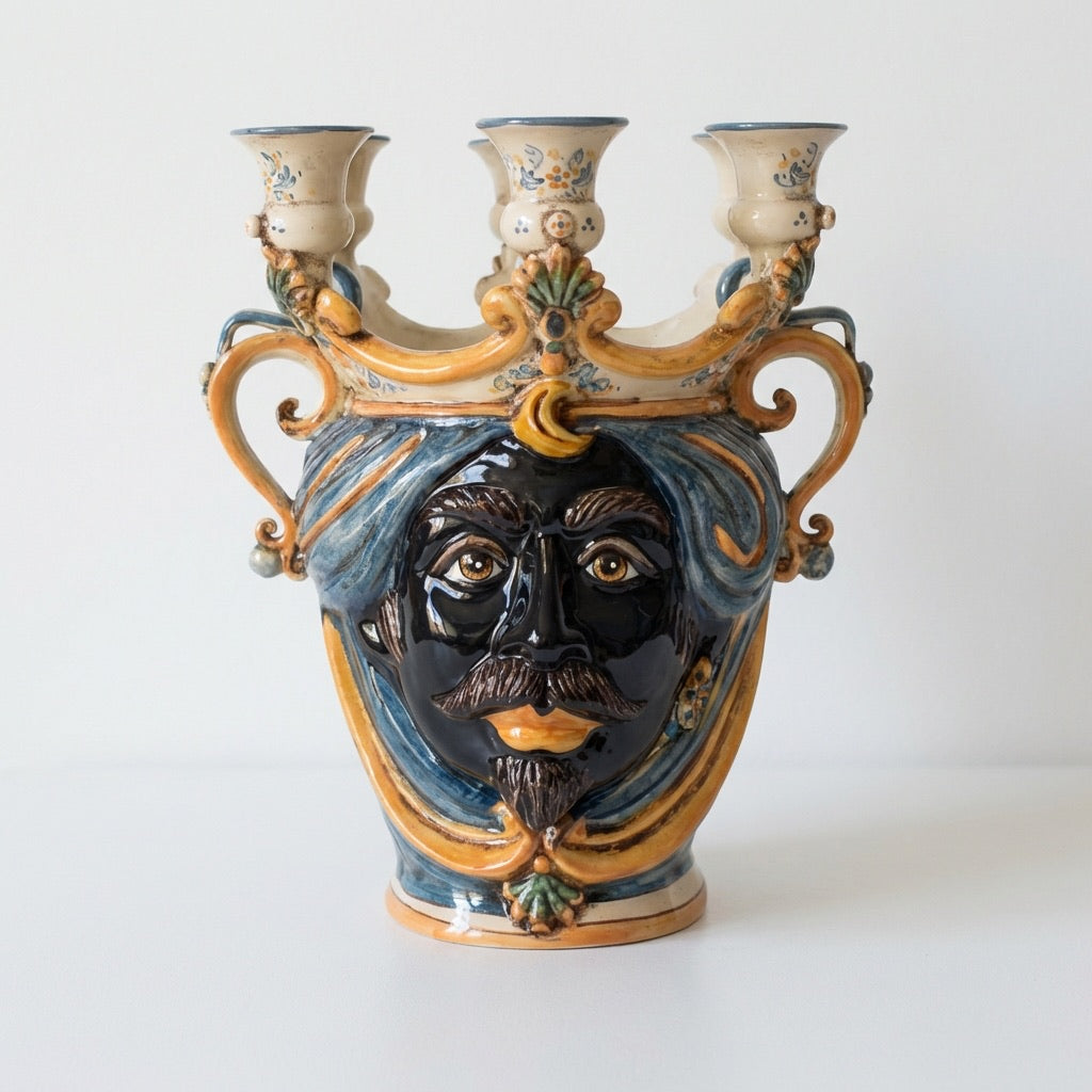 Testa di Moro Candeliere, Moor Male, Blue and Orange. Ceramiche Sofia, Caltagirone