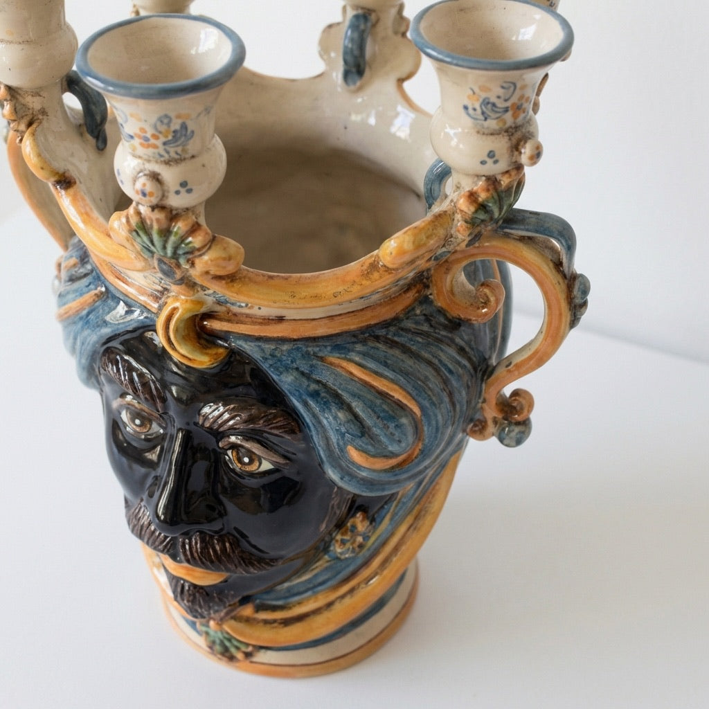 Testa di Moro Candeliere, Moor Male, Blue and Orange. Ceramiche Sofia, Caltagirone