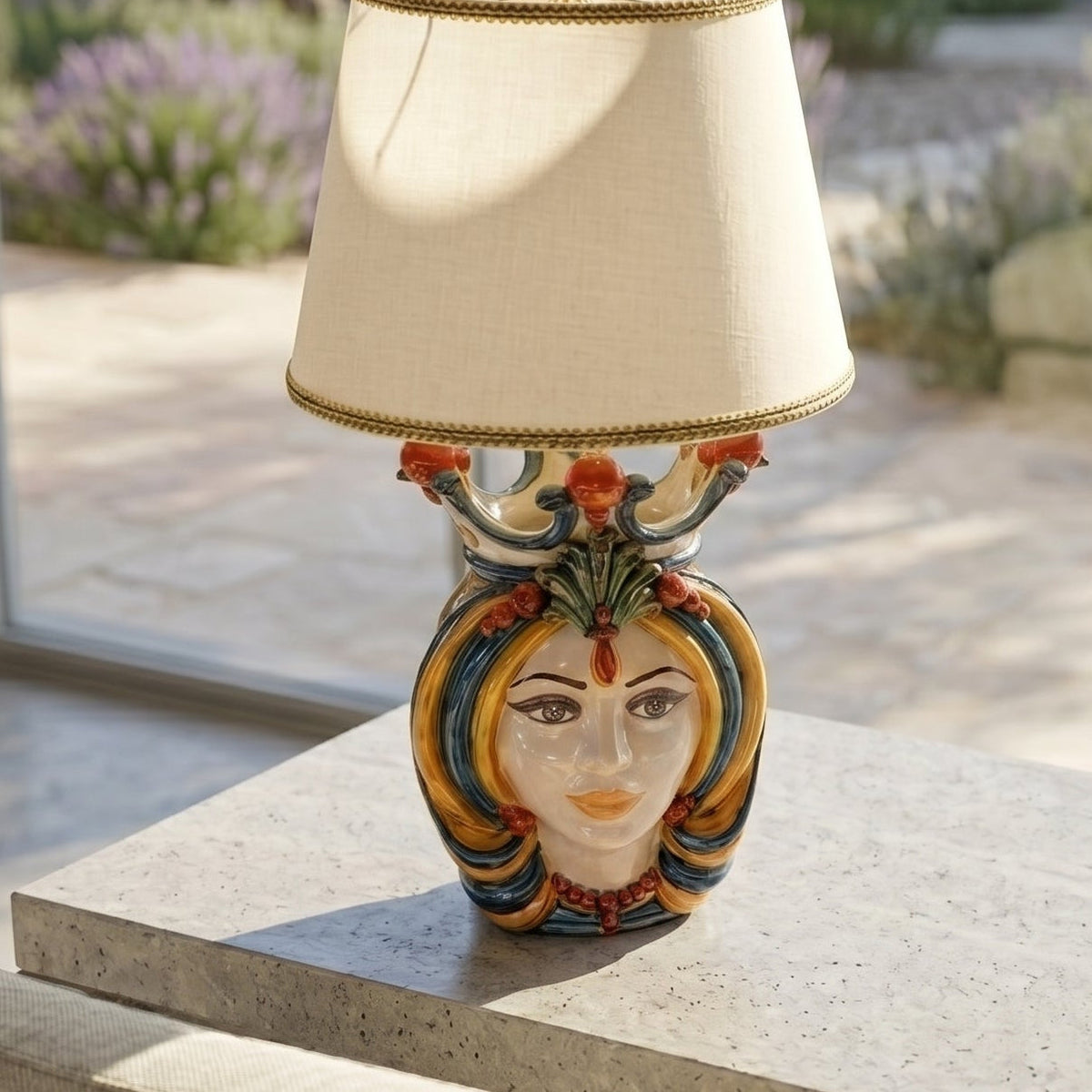 Head lamp, Woman, blue and orange. Ceramiche Sofia, Caltagirone