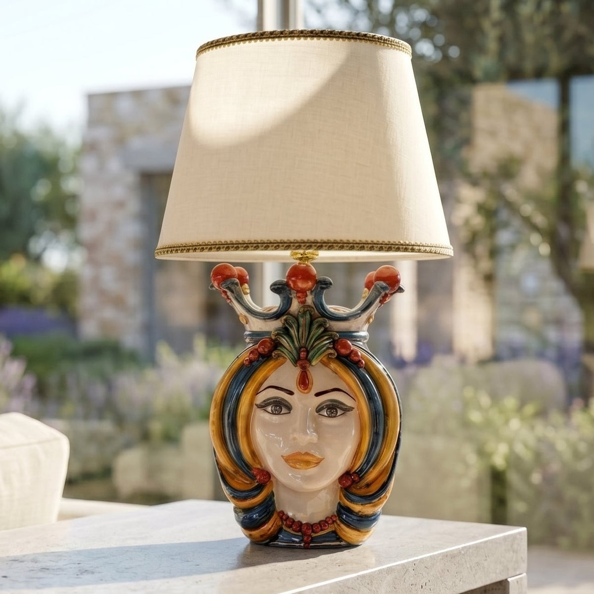 Head lamp, Woman, blue and orange. Ceramiche Sofia, Caltagirone