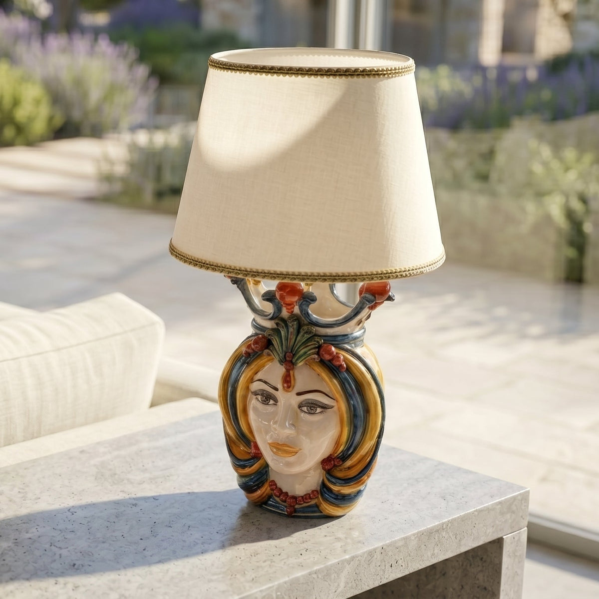 Head lamp, Woman, blue and orange. Ceramiche Sofia, Caltagirone