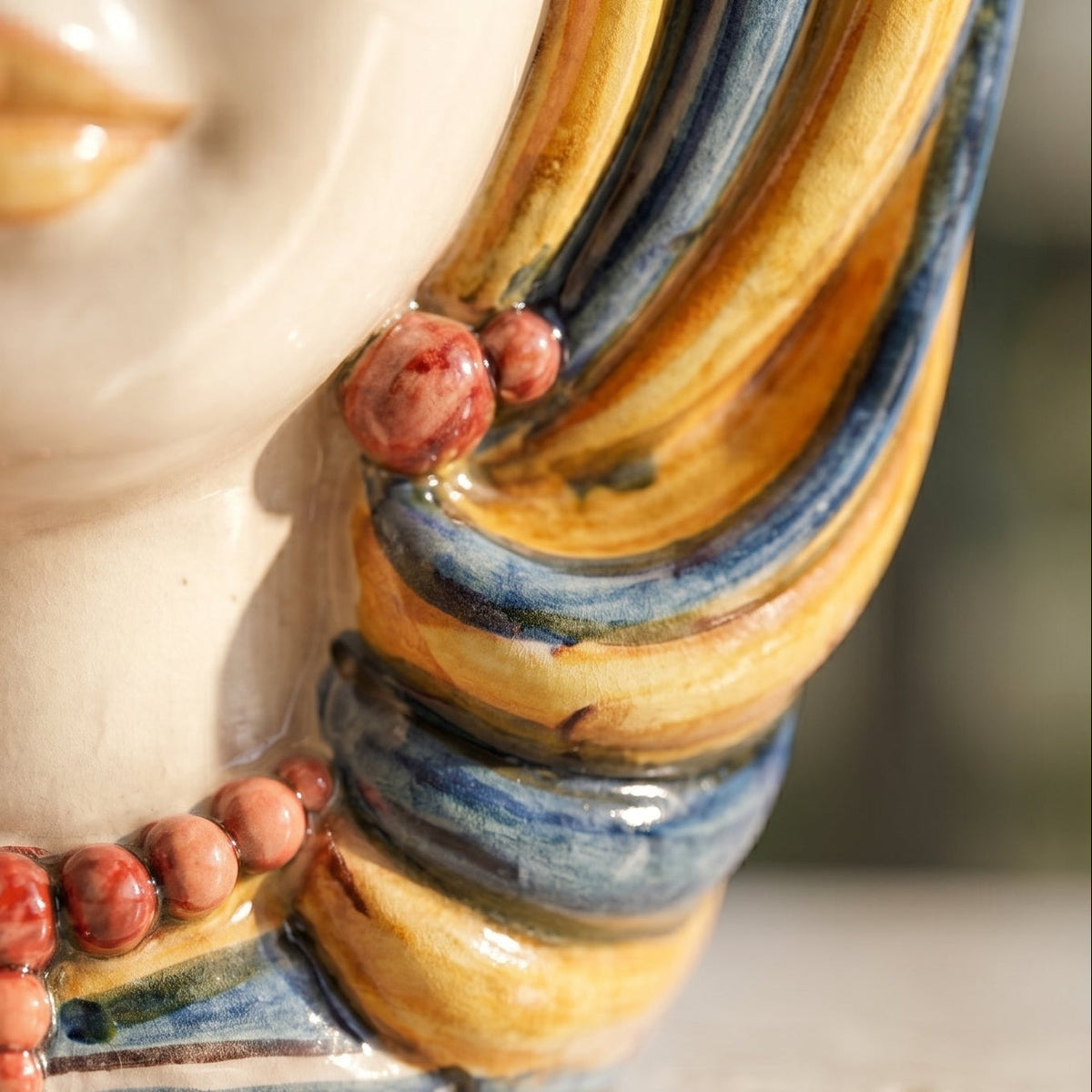 Head lamp, Woman, blue and orange. Ceramiche Sofia, Caltagirone