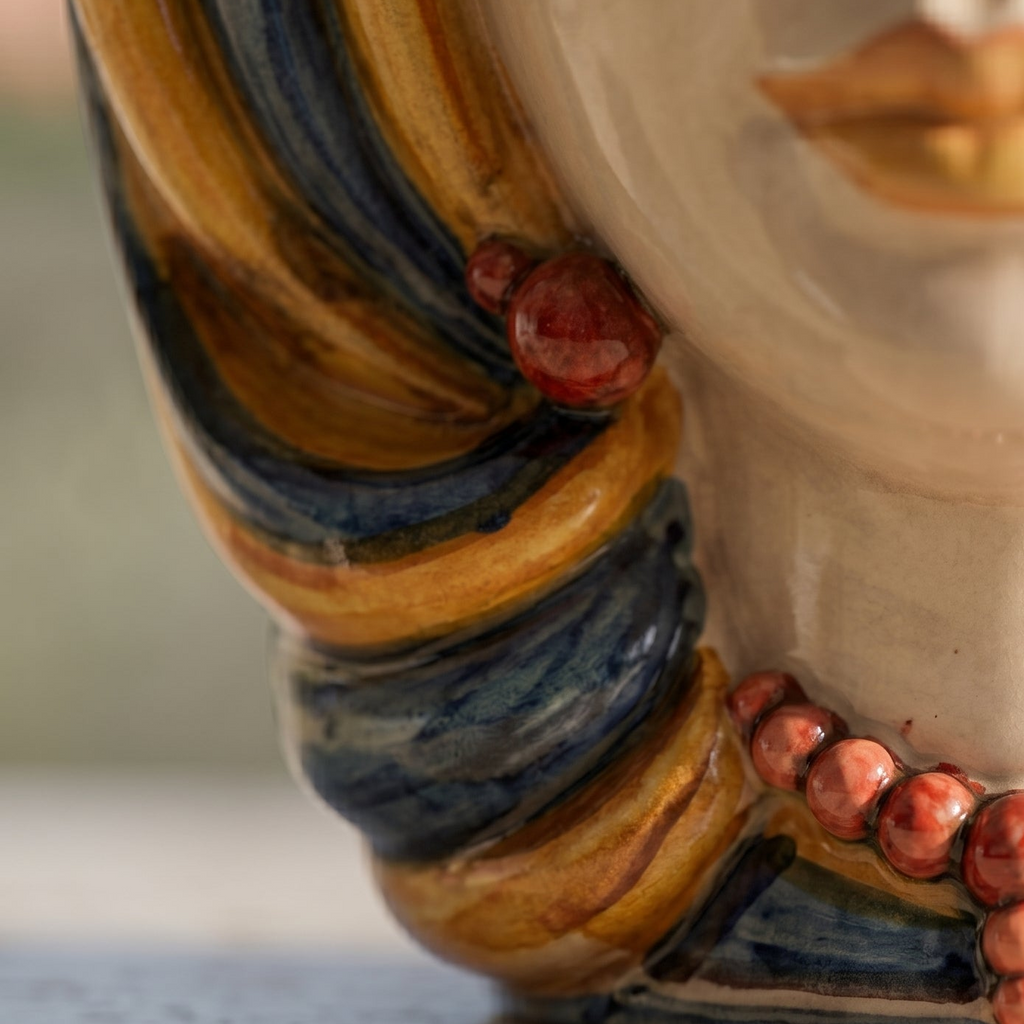 Head lamp, Woman, blue and orange. Ceramiche Sofia, Caltagirone