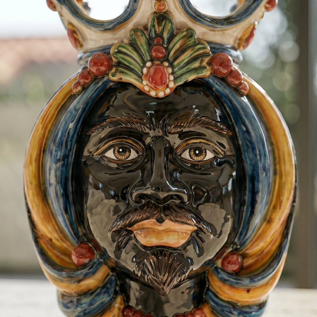 Head-shaped lamp, Moor male, blue and orange. Sicilian ceramics from Caltagirone, Sofia