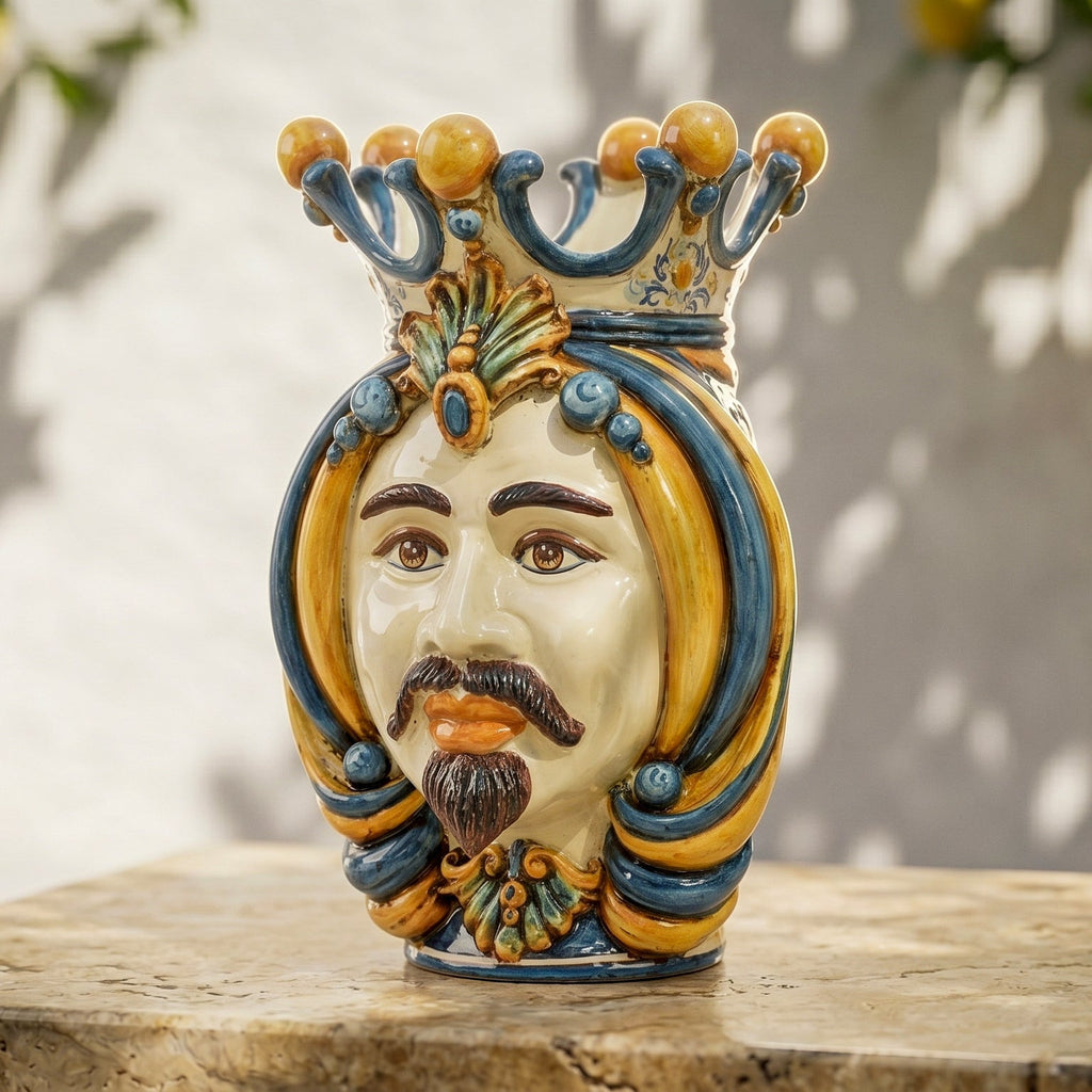 Testa di Moro, weißer Mann, Blau und Orange. Ceramiche Sofia, Caltagirone
