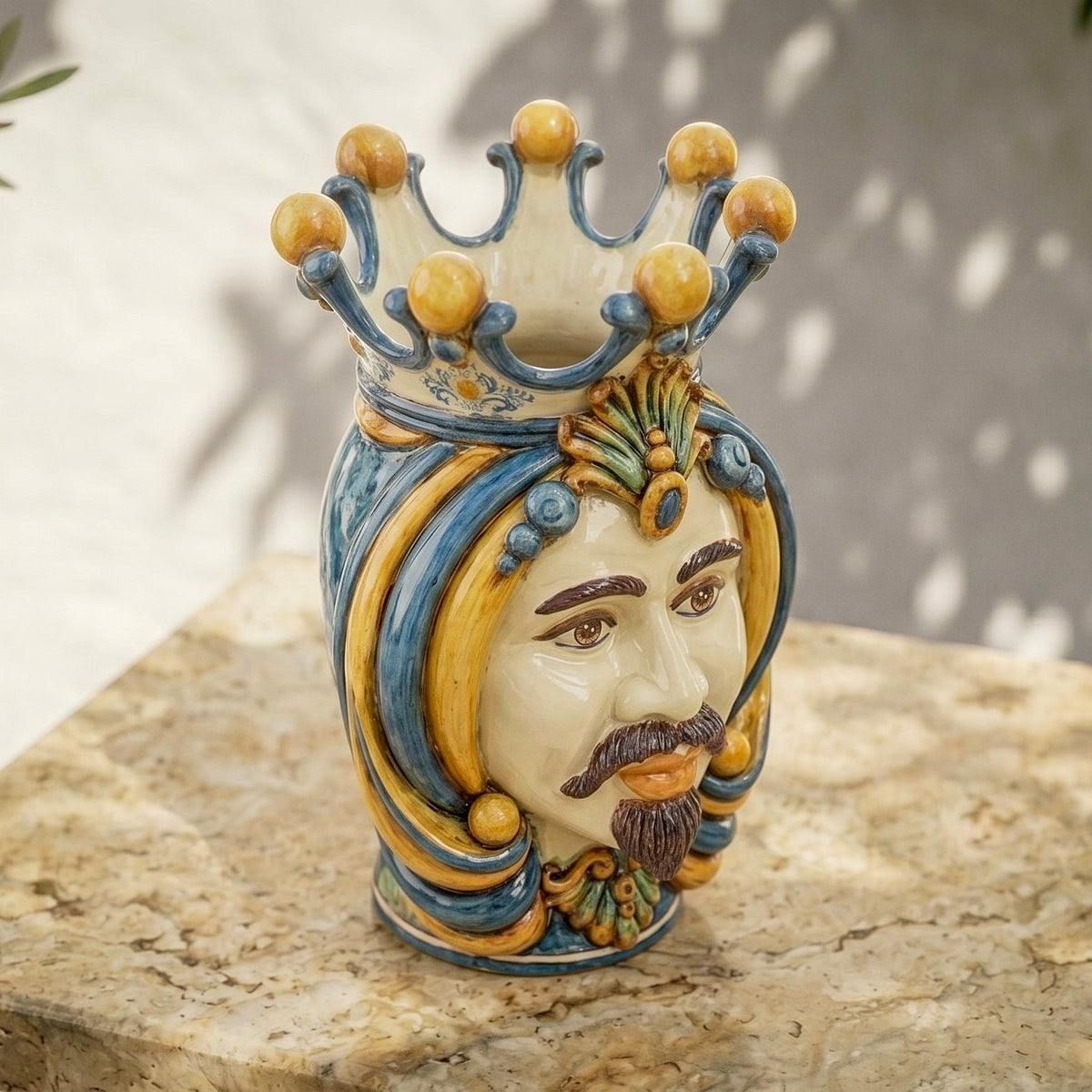 Testa di Moro, weißer Mann, Blau und Orange. Ceramiche Sofia, Caltagirone