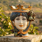 Testa di Moro with Figs, Woman, blue and orange, prickly pear in relief. Ceramiche Sofia, Caltagirone