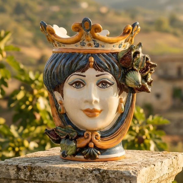 Testa di Moro with Figs h 25 cm / 9¾", Woman, Blue and Orange