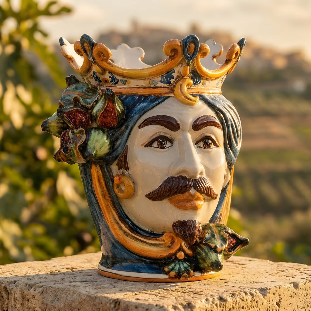 Testa di Moro with Figs, White Male, blue and orange, prickly pear in relief. Ceramiche Sofia, Caltagirone