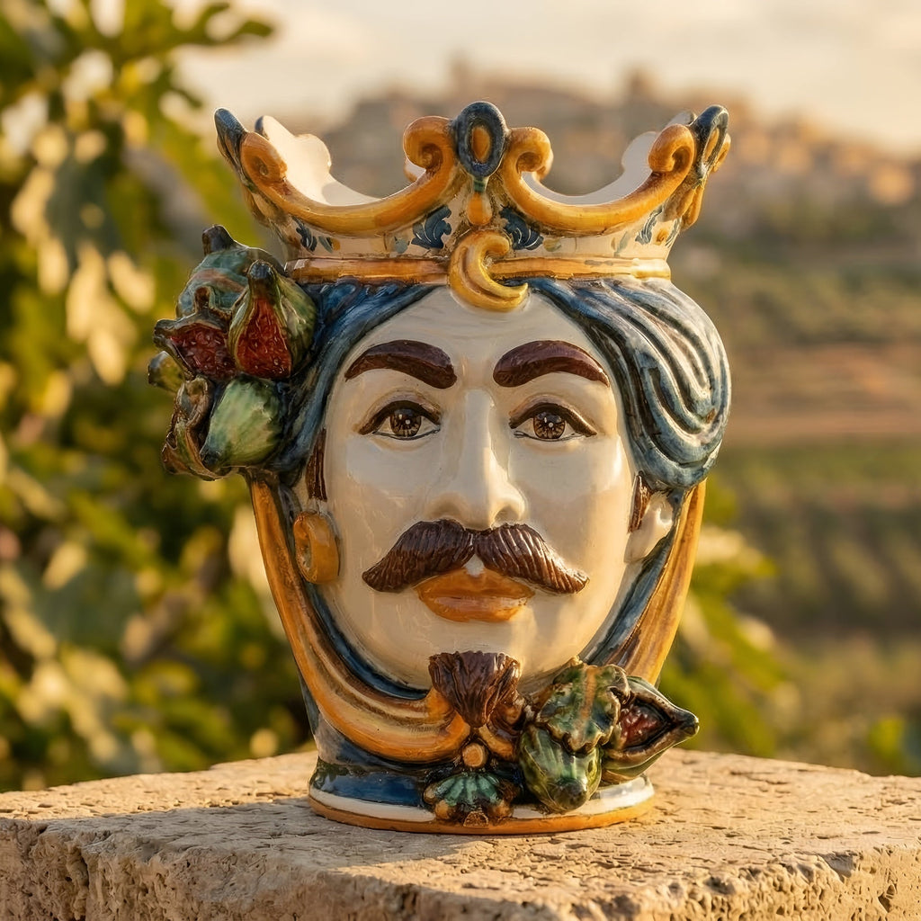 Testa di Moro with Figs, White Male, blue and orange, prickly pear in relief. Ceramiche Sofia, Caltagirone