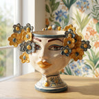 Testa di Moro with Flowers, Blue and Orange. Sicilian ceramics from Caltagirone, Sofia