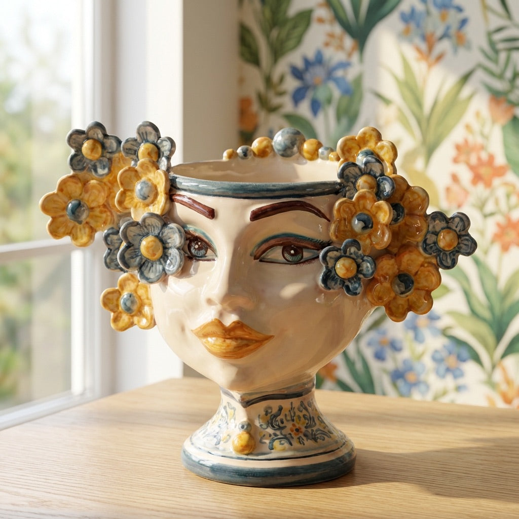 Testa di Moro with Flowers, Blue and Orange. Sicilian ceramics from Caltagirone, Sofia