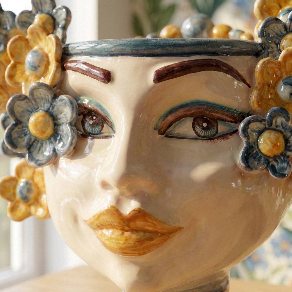 Testa di Moro with Flowers, Blue and Orange. Sicilian ceramics from Caltagirone, Sofia