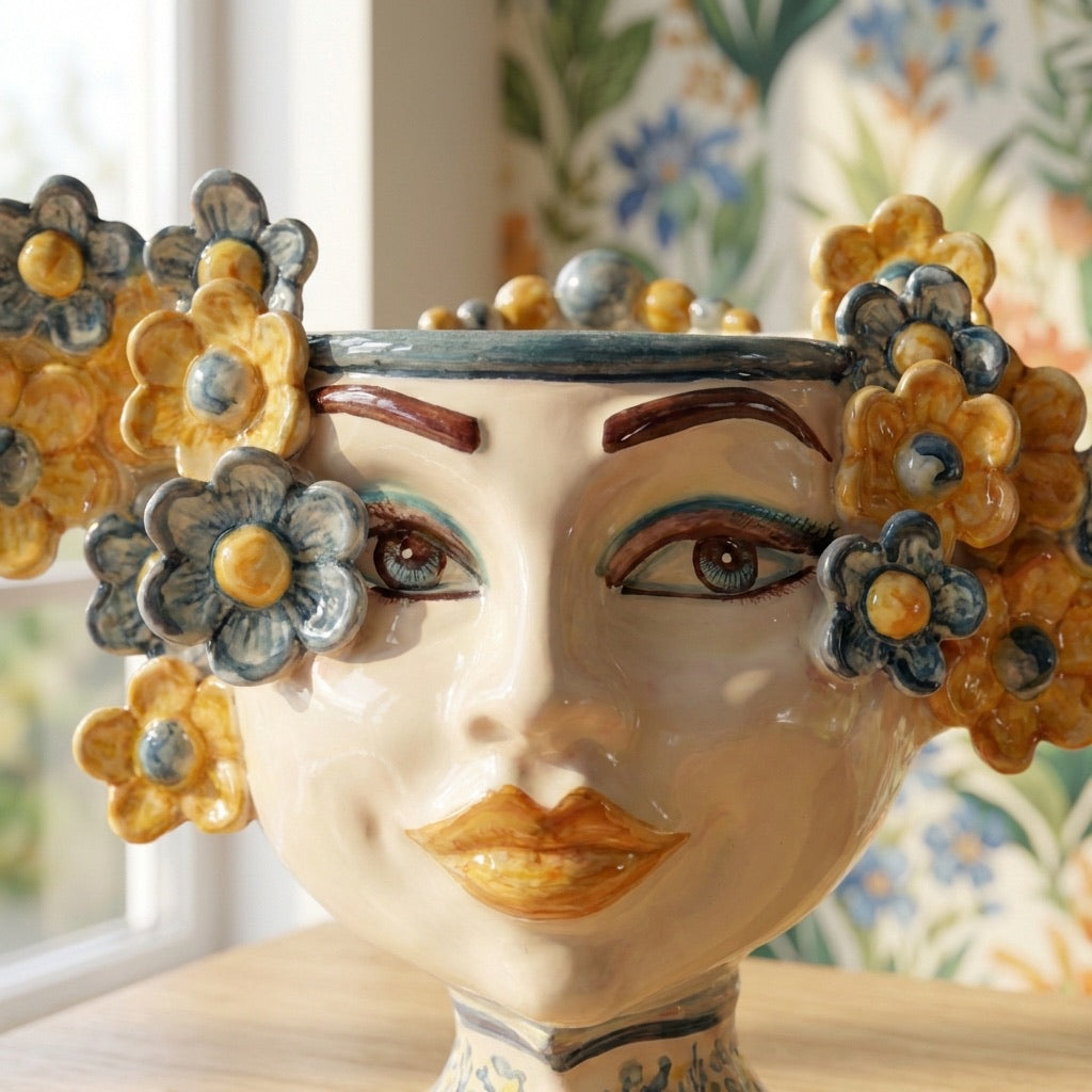 Testa di Moro with Flowers, Blue and Orange. Sicilian ceramics from Caltagirone, Sofia