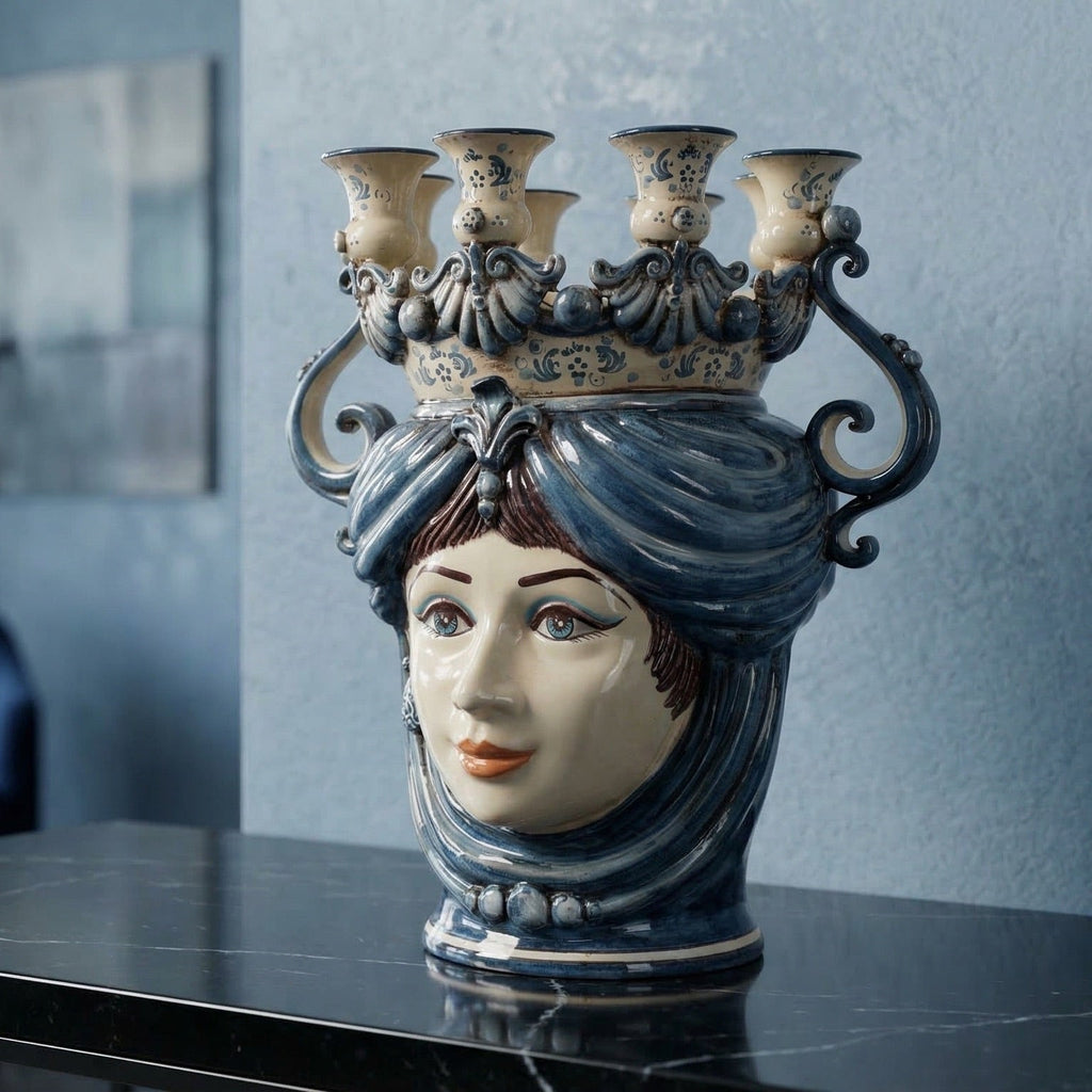 Testa di Moro Candeliere, woman, Mono Blue. Sicilian ceramics from Caltagirone, Sofia