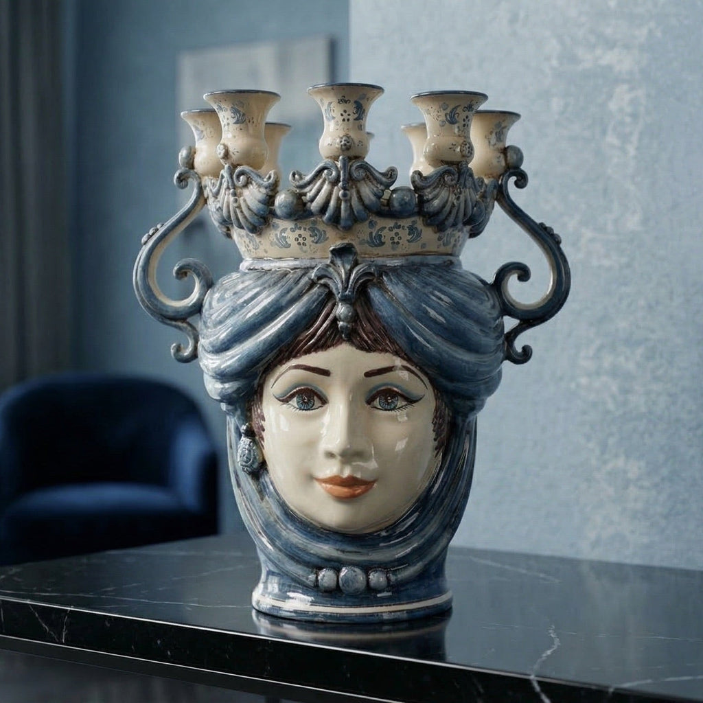 Testa di Moro Candeliere, woman, Mono Blue. Sicilian ceramics from Caltagirone, Sofia