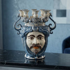 Testa di Moro a Candeliere, Maschio Bianco, Mono Blu. Ceramica siciliana di Caltagirone, Sofia