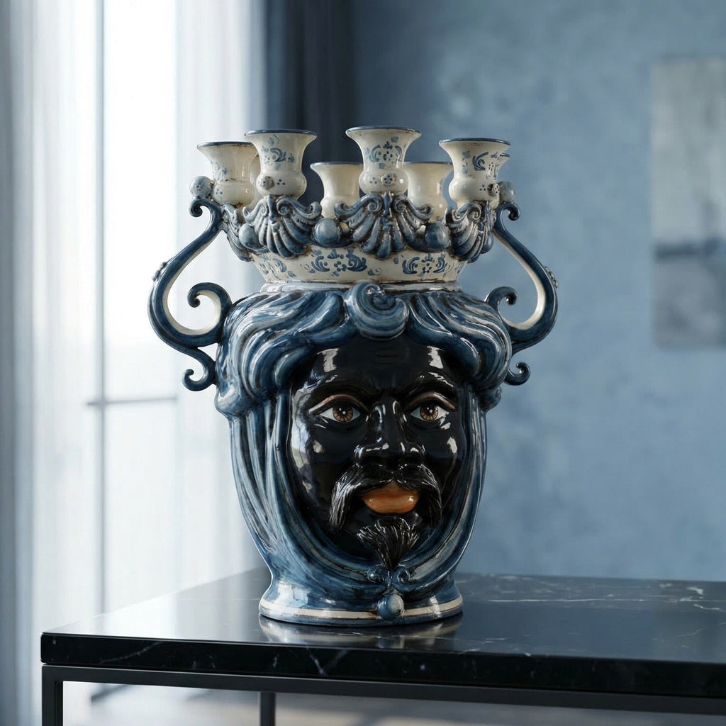 Testa di Moro Candeliere, Moor male, Mono Blue. Ceramiche Sofia, Caltagirone