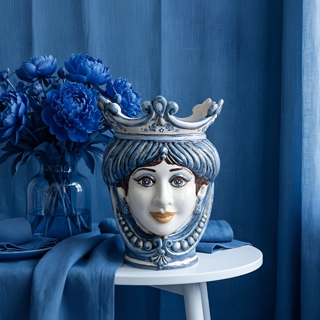 Testa di Moro mit Perlen, Frau, Mono Blau. Ceramiche Sofia, Caltagirone