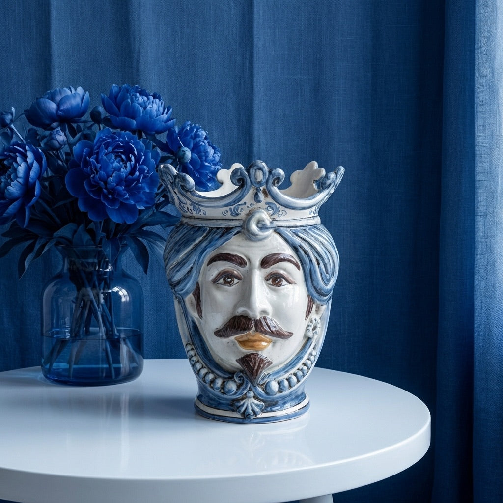Testa di Moro with Beads, White Male, Mono Blue. Ceramiche Sofia, Caltagirone