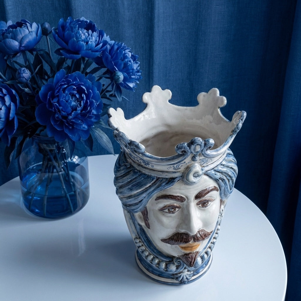 Testa di Moro with Beads, White Male, Mono Blue. Ceramiche Sofia, Caltagirone