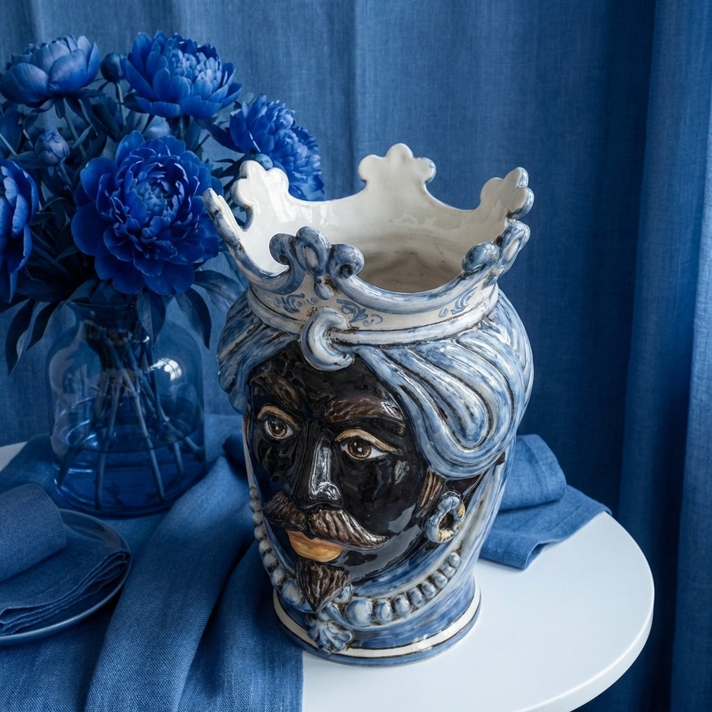 Testa di Moro mit Perlen, maurischer Mann, Mono Blau. Sizilianische Keramik aus Caltagirone, Sofia